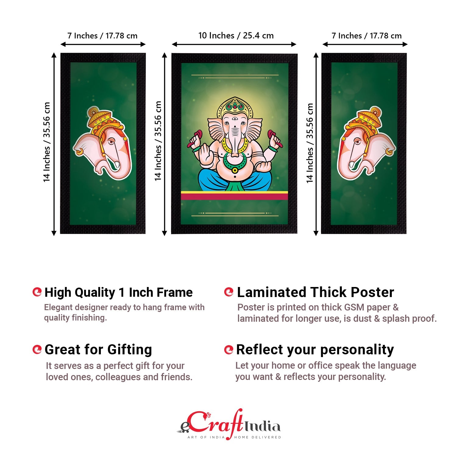 Set of 3 Lord Ganesha Satin Matt Texture UV Art Painting Kafalo