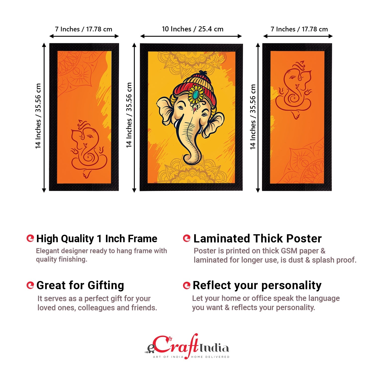 Set of 3 Lord Ganesha Satin Matt Texture UV Art Painting Kafalo