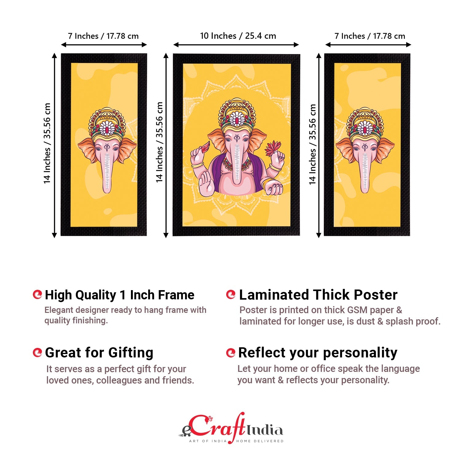 Set of 3 Lord Ganesha Satin Matt Texture UV Art Painting Kafalo