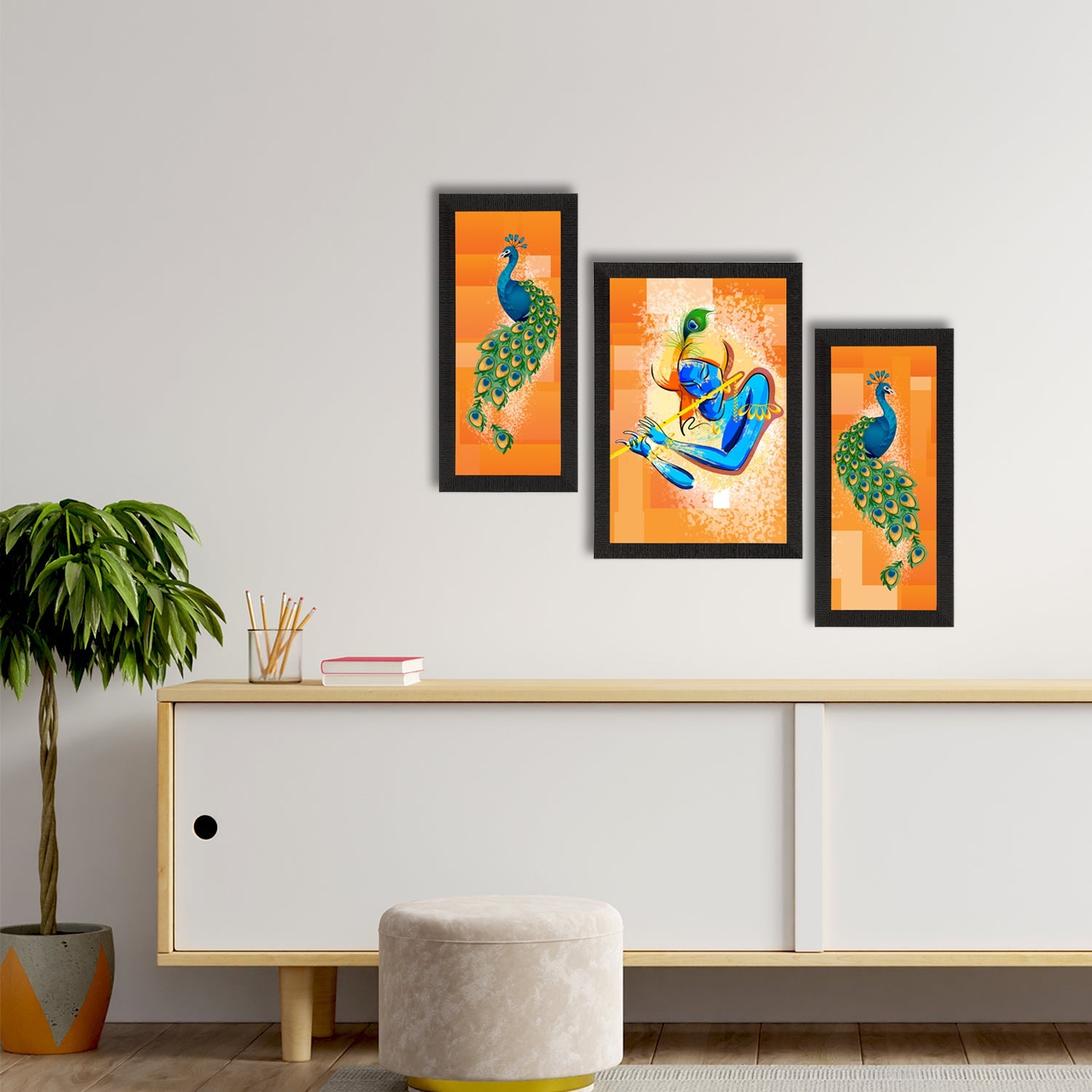 Set of 3 Lord Krishna Satin Matt Texture UV Art Painting Kafalo