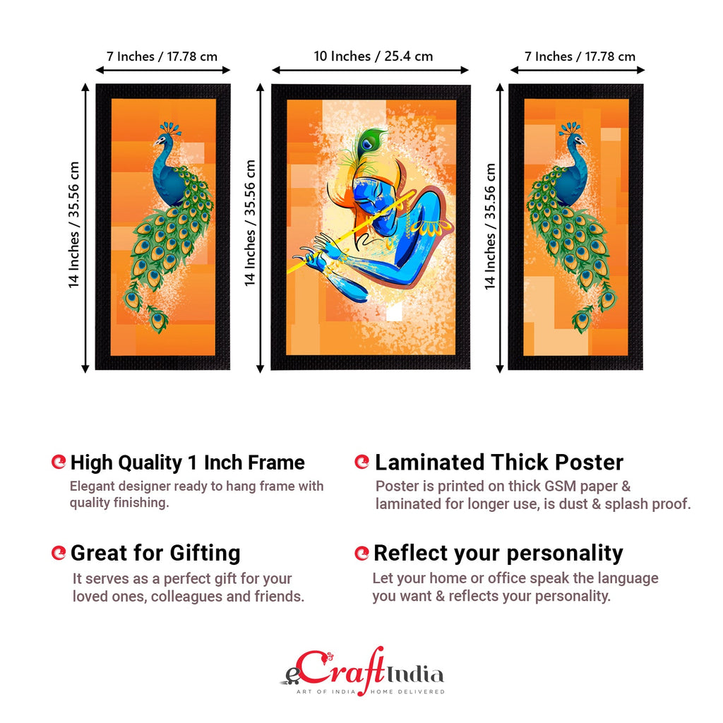 Set of 3 Lord Krishna Satin Matt Texture UV Art Painting Kafalo