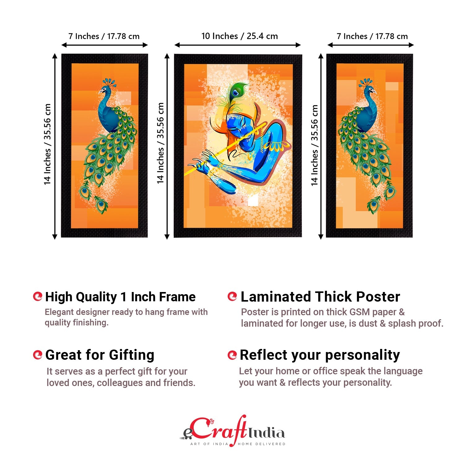 Set of 3 Lord Krishna Satin Matt Texture UV Art Painting Kafalo