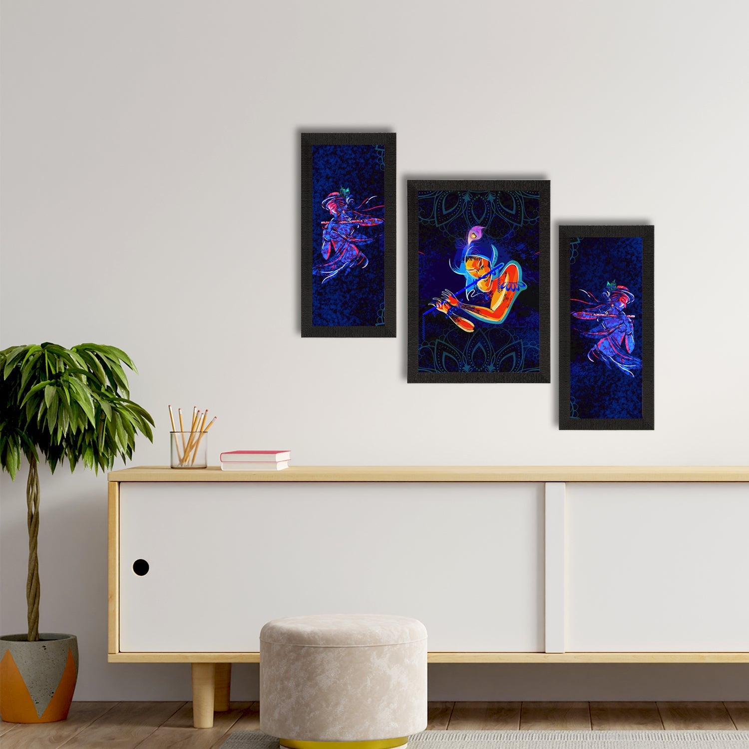Set of 3 Lord Krishna Satin Matt Texture UV Art Painting Kafalo