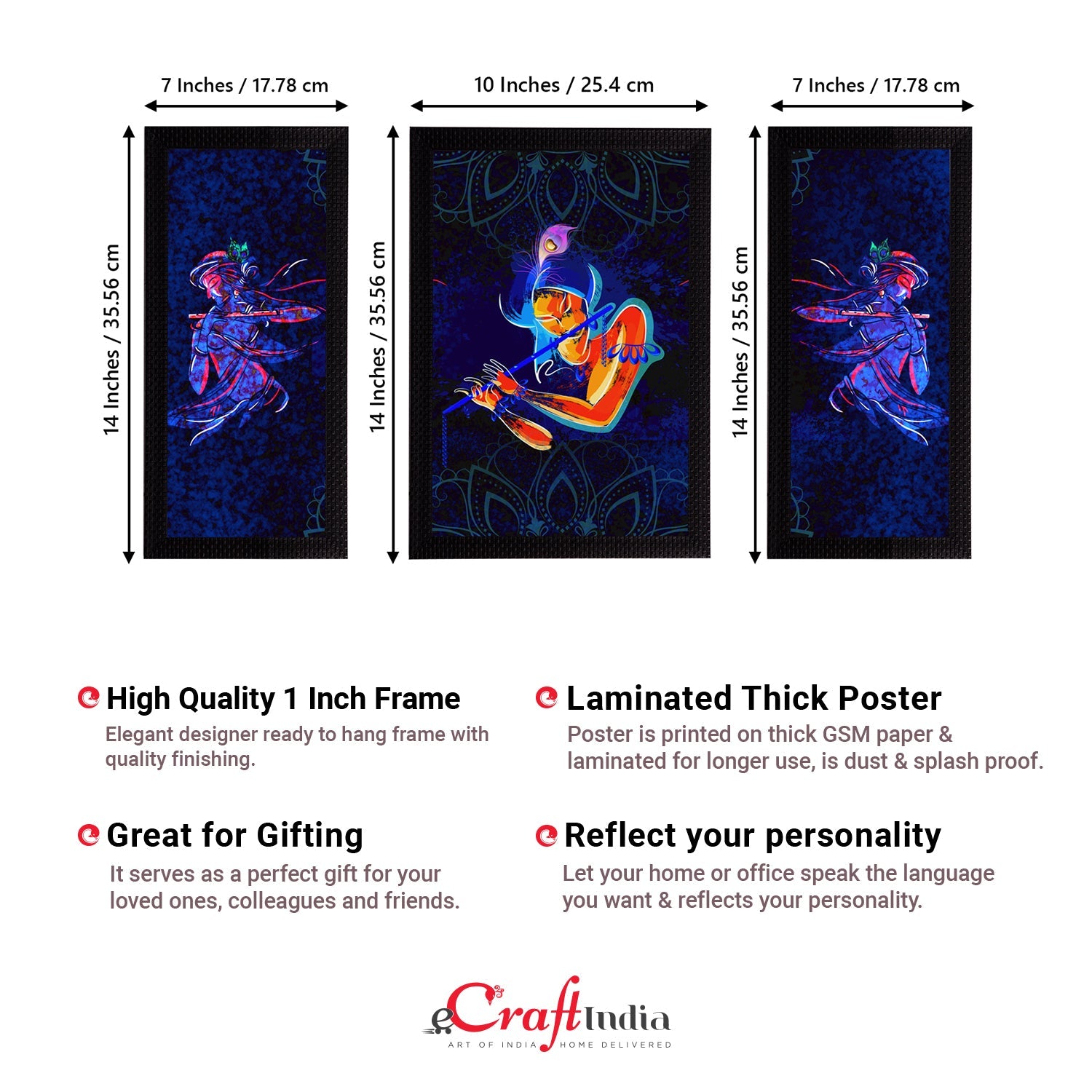 Set of 3 Lord Krishna Satin Matt Texture UV Art Painting Kafalo
