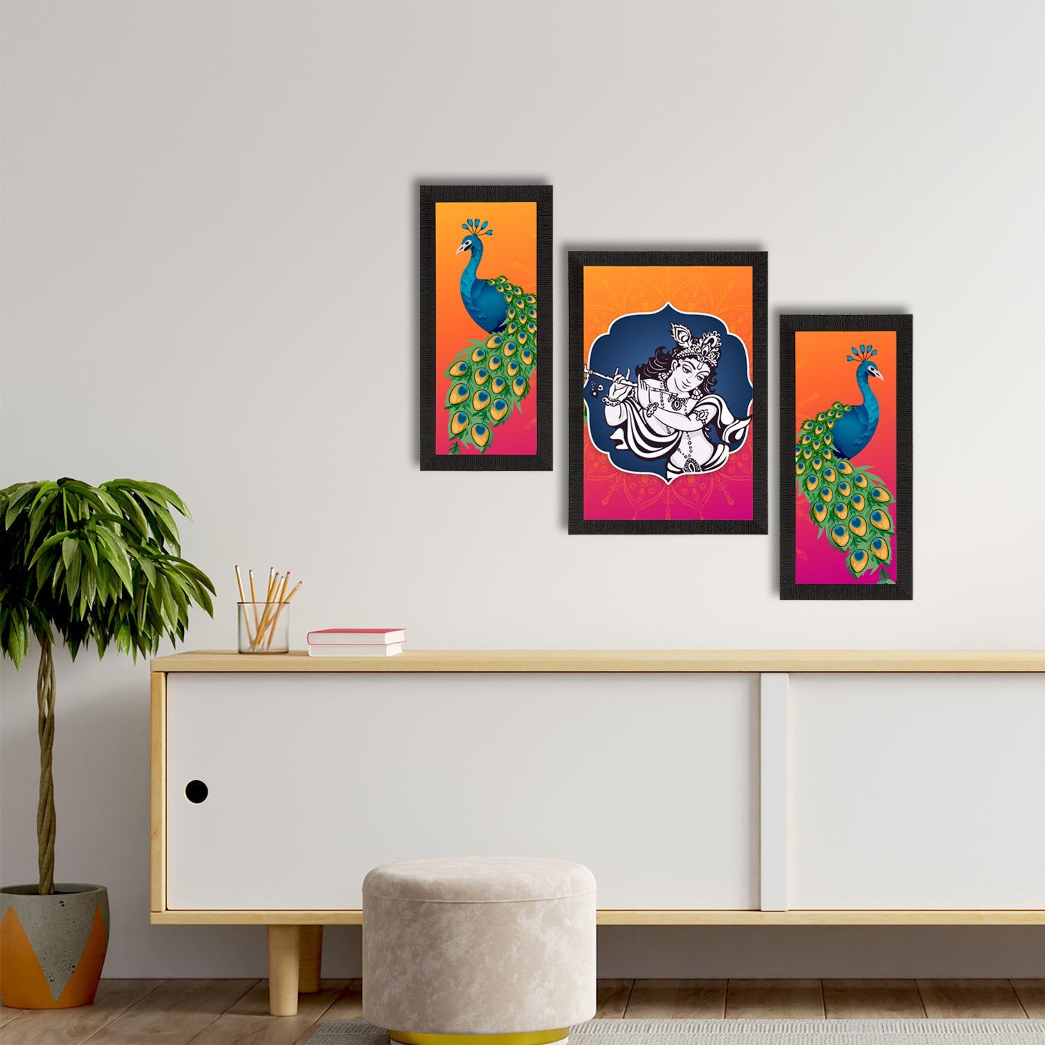 Set of 3 Lord Krishna Satin Matt Texture UV Art Painting Kafalo