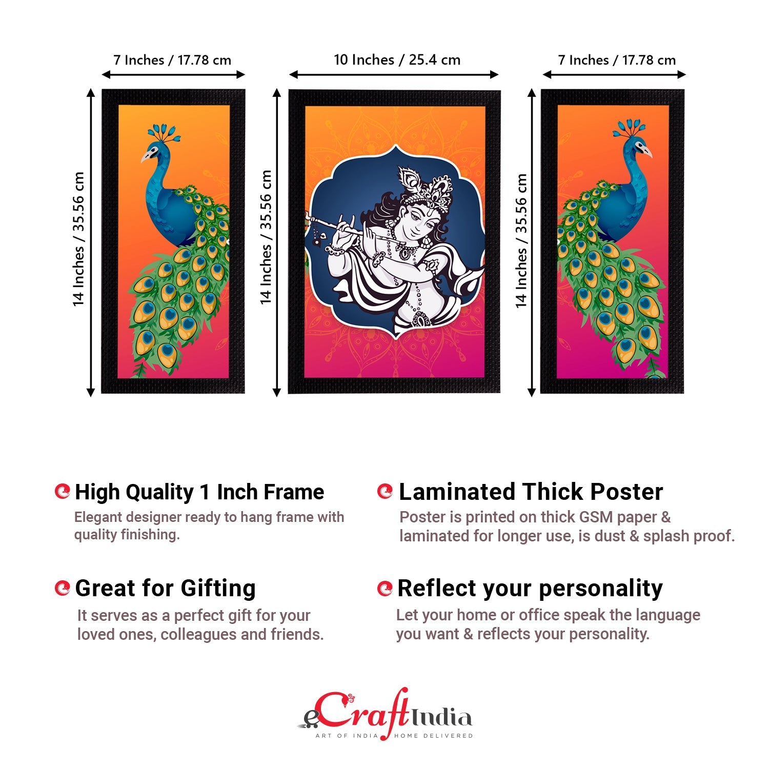Set of 3 Lord Krishna Satin Matt Texture UV Art Painting Kafalo