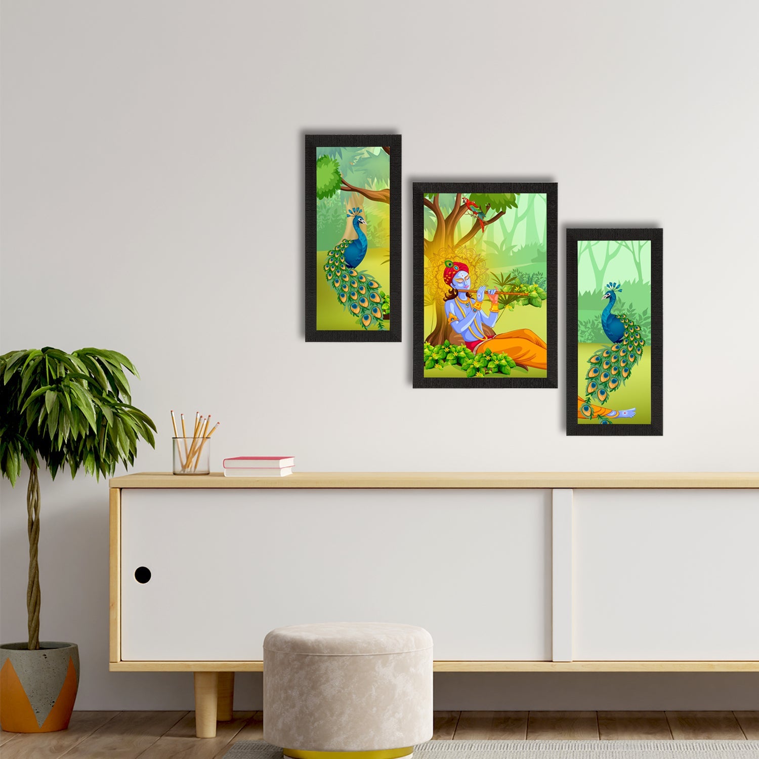 Set of 3 Lord Krishna Satin Matt Texture UV Art Painting Kafalo