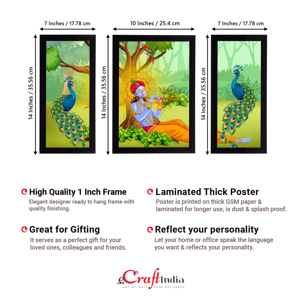 Set of 3 Lord Krishna Satin Matt Texture UV Art Painting Kafalo