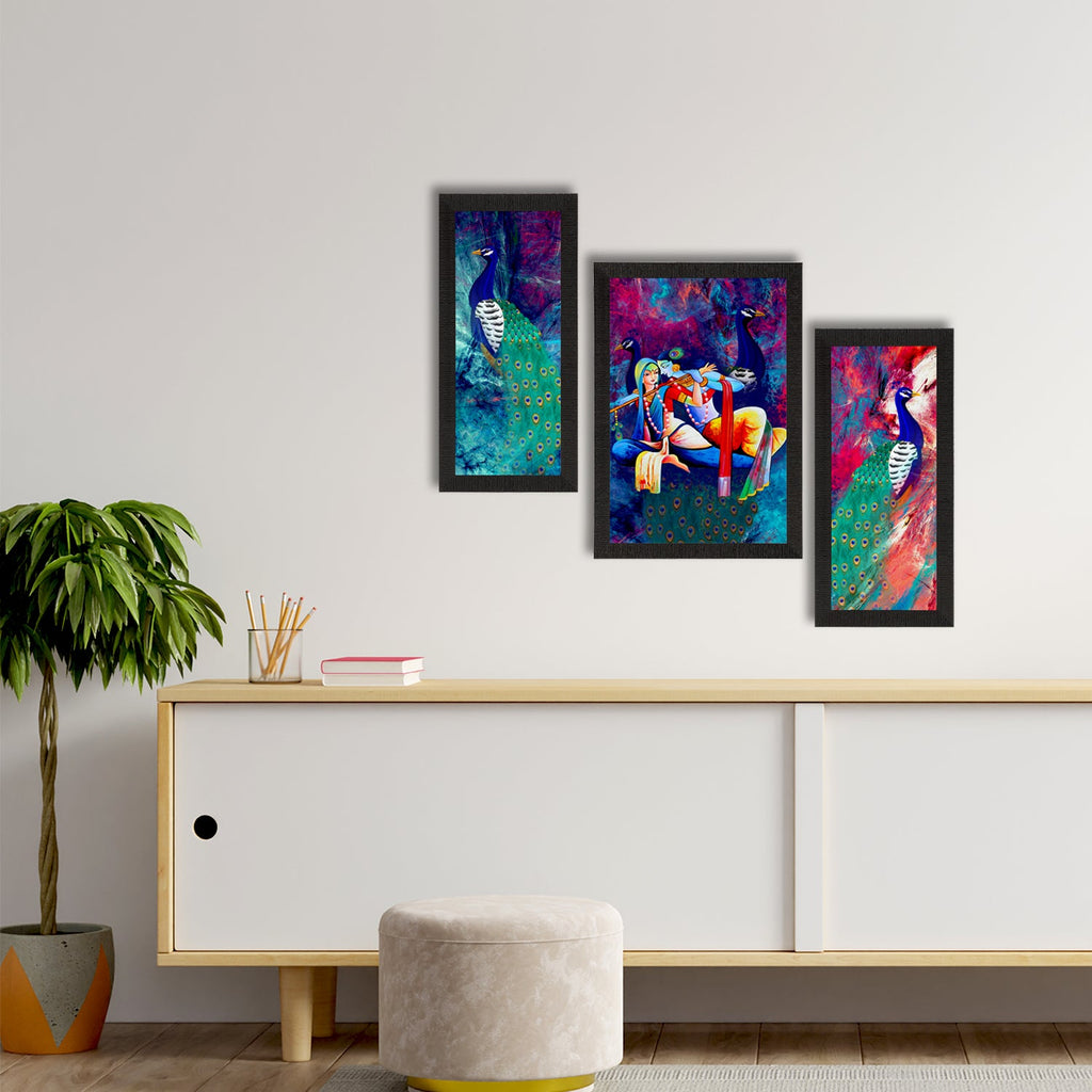 Set of 3 Lord Krishna Satin Matt Texture UV Art Painting Kafalo