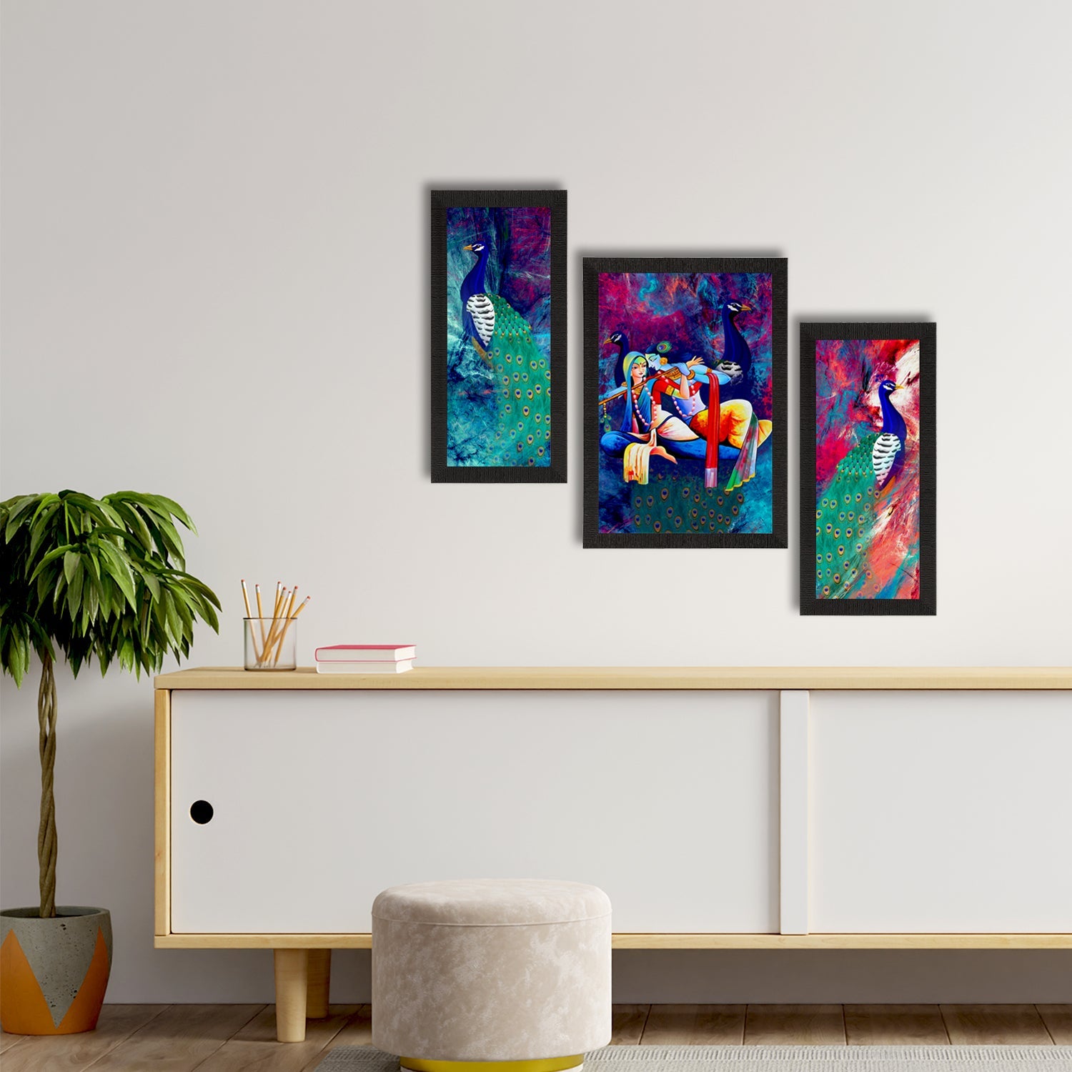 Set of 3 Lord Krishna Satin Matt Texture UV Art Painting Kafalo