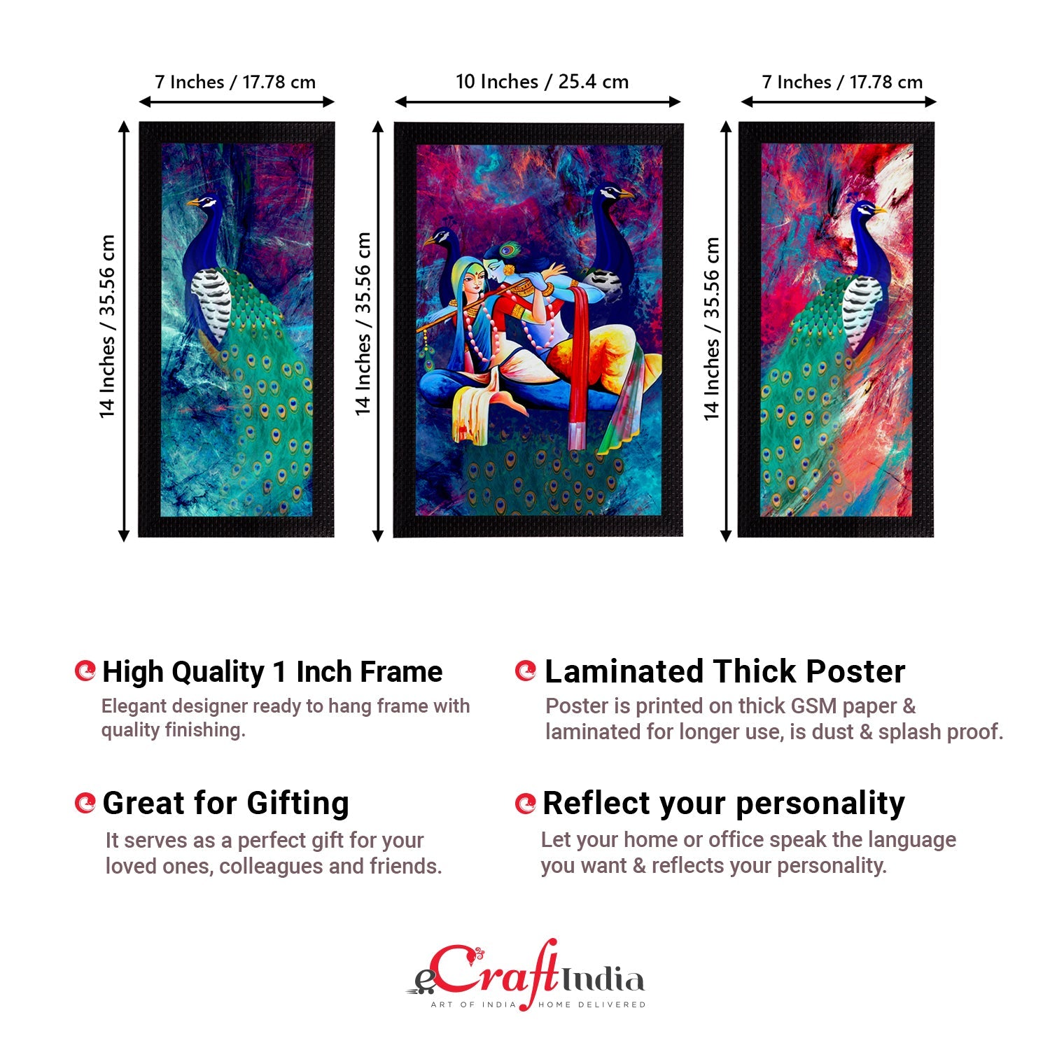 Set of 3 Lord Krishna Satin Matt Texture UV Art Painting Kafalo
