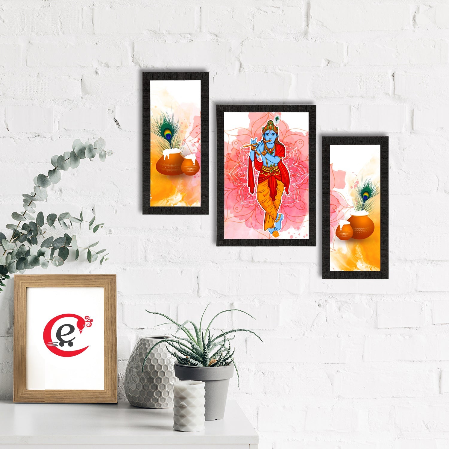 Set of 3 Lord Krishna Satin Matt Texture UV Art Painting Kafalo