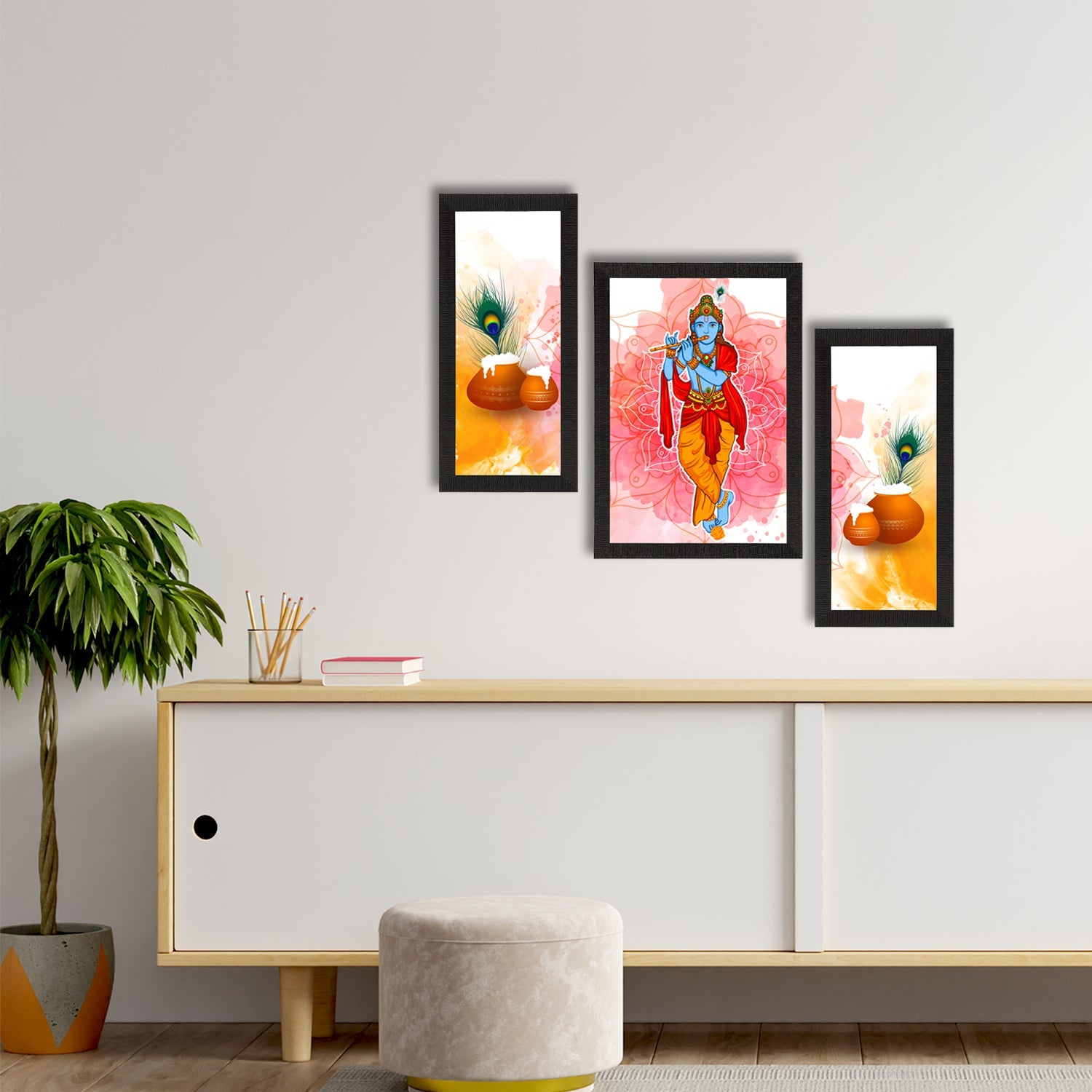 Set of 3 Lord Krishna Satin Matt Texture UV Art Painting Kafalo
