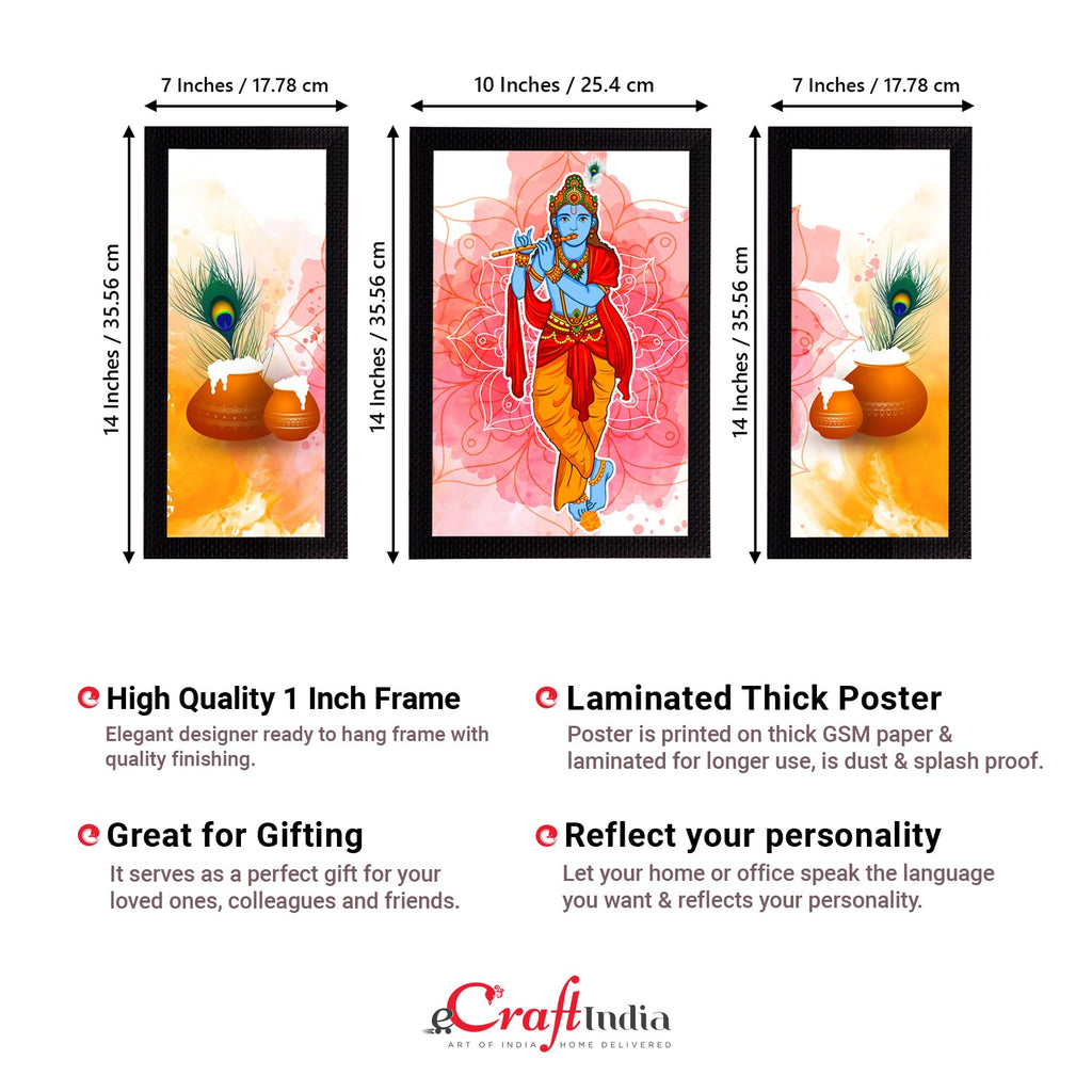 Set of 3 Lord Krishna Satin Matt Texture UV Art Painting Kafalo