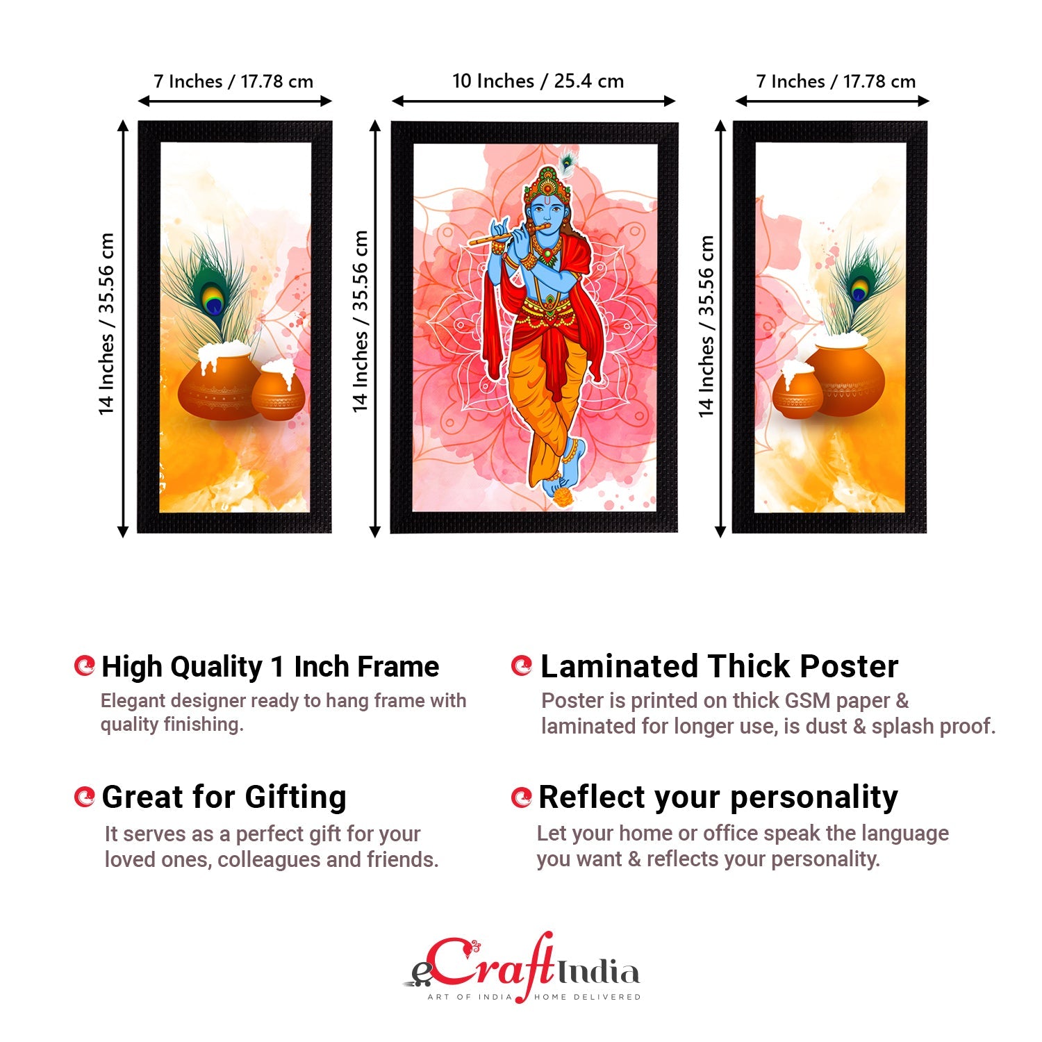 Set of 3 Lord Krishna Satin Matt Texture UV Art Painting Kafalo
