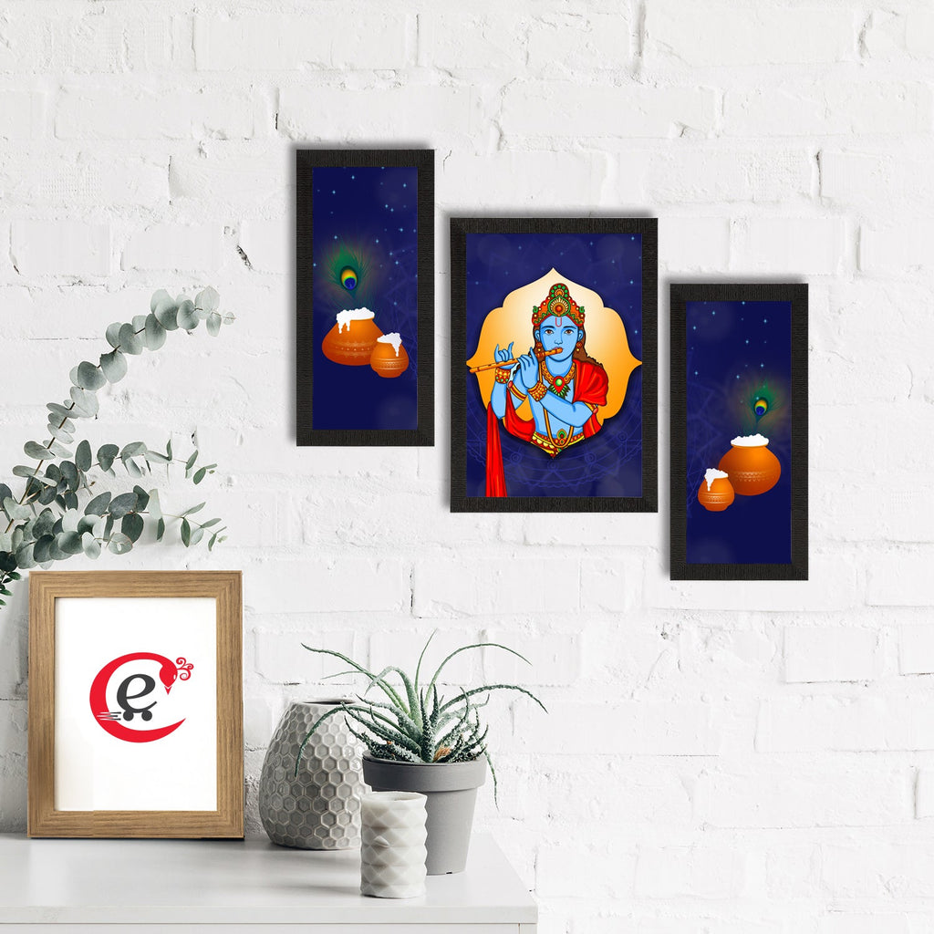 Set of 3 Lord Krishna Satin Matt Texture UV Art Painting Kafalo