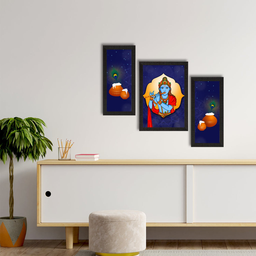 Set of 3 Lord Krishna Satin Matt Texture UV Art Painting Kafalo