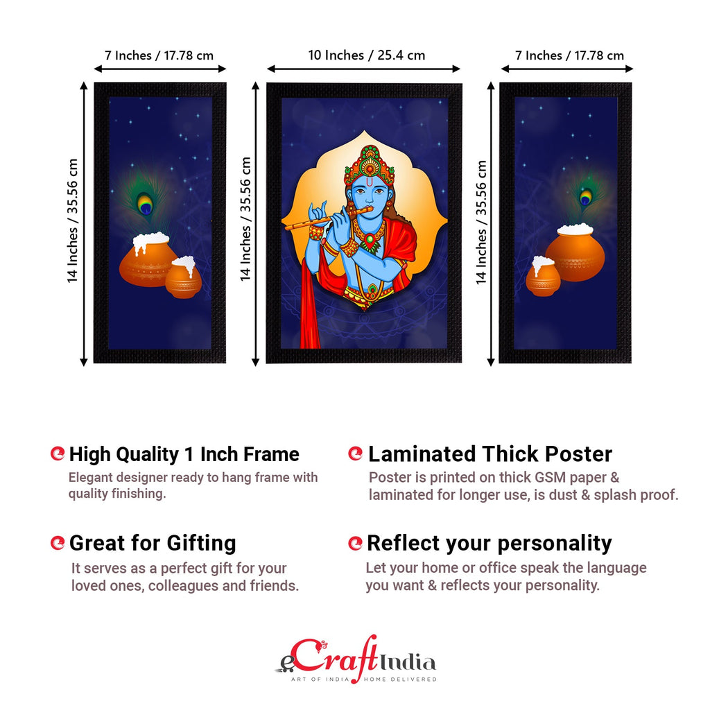 Set of 3 Lord Krishna Satin Matt Texture UV Art Painting Kafalo