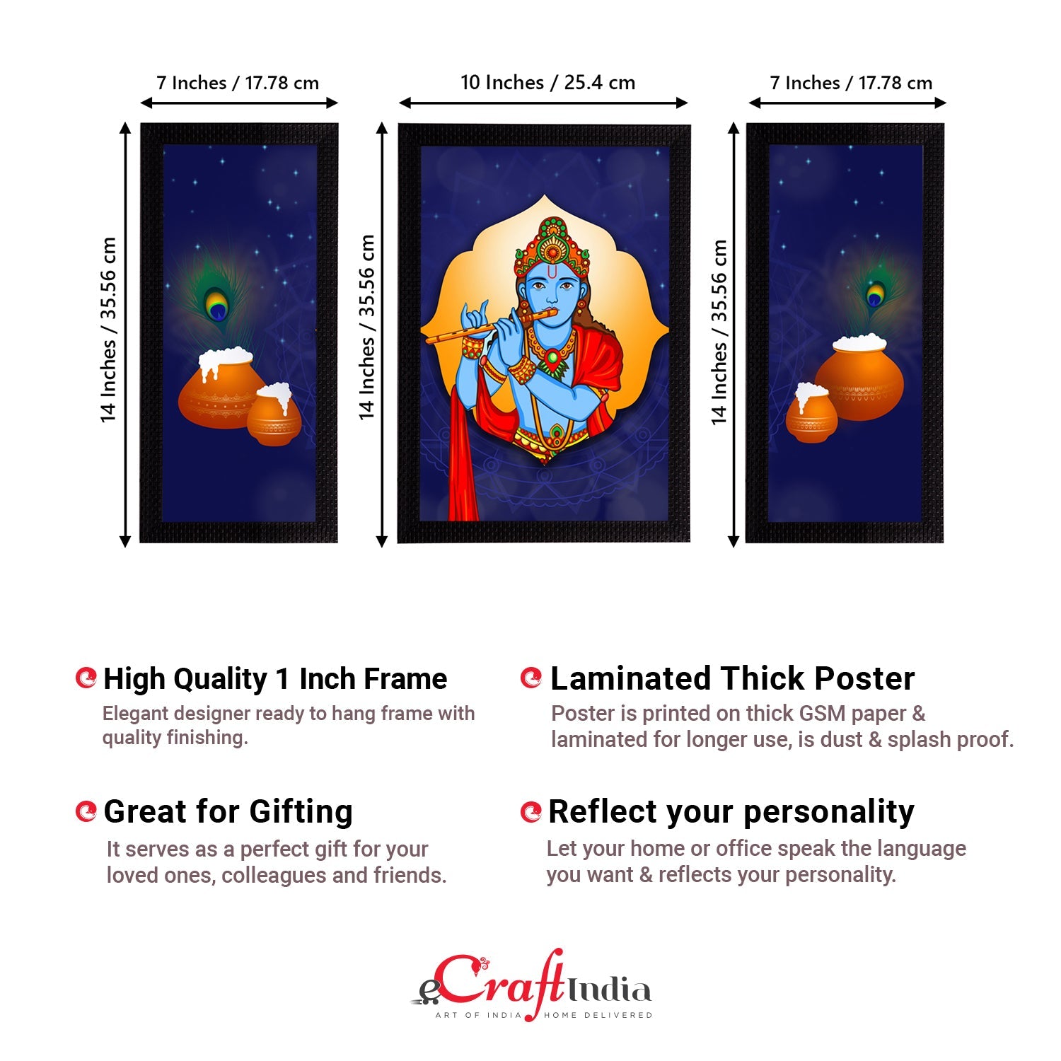 Set of 3 Lord Krishna Satin Matt Texture UV Art Painting Kafalo