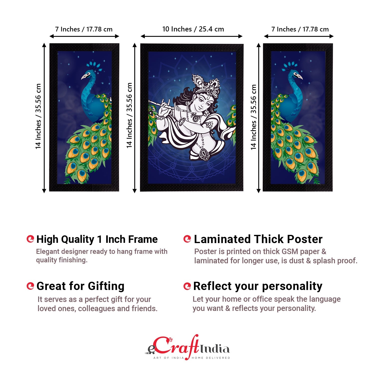 Set of 3 Lord Krishna Satin Matt Texture UV Art Painting Kafalo