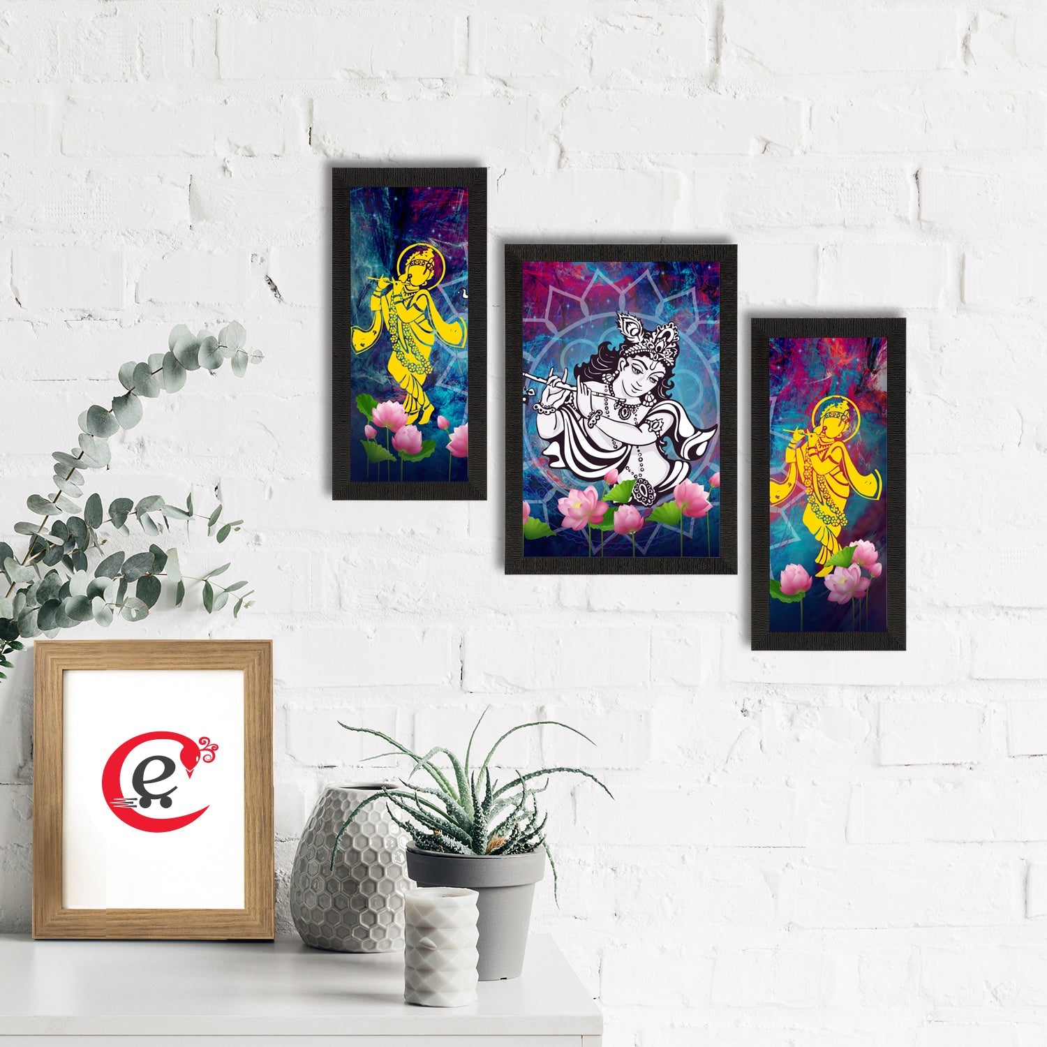 Set of 3 Lord Krishna Satin Matt Texture UV Art Painting Kafalo