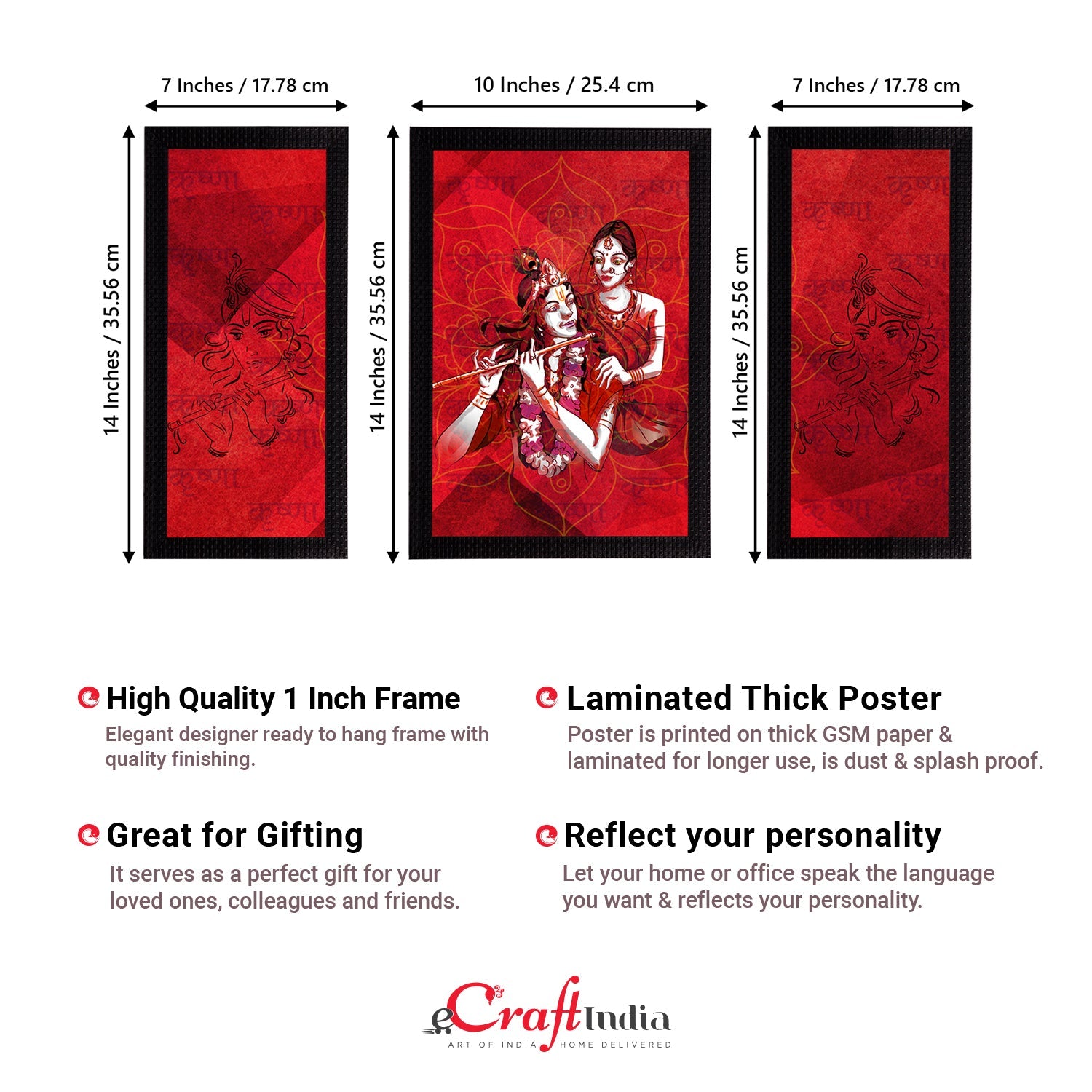 Set of 3 Radha Krishna Satin Matt Texture UV Art Painting Kafalo