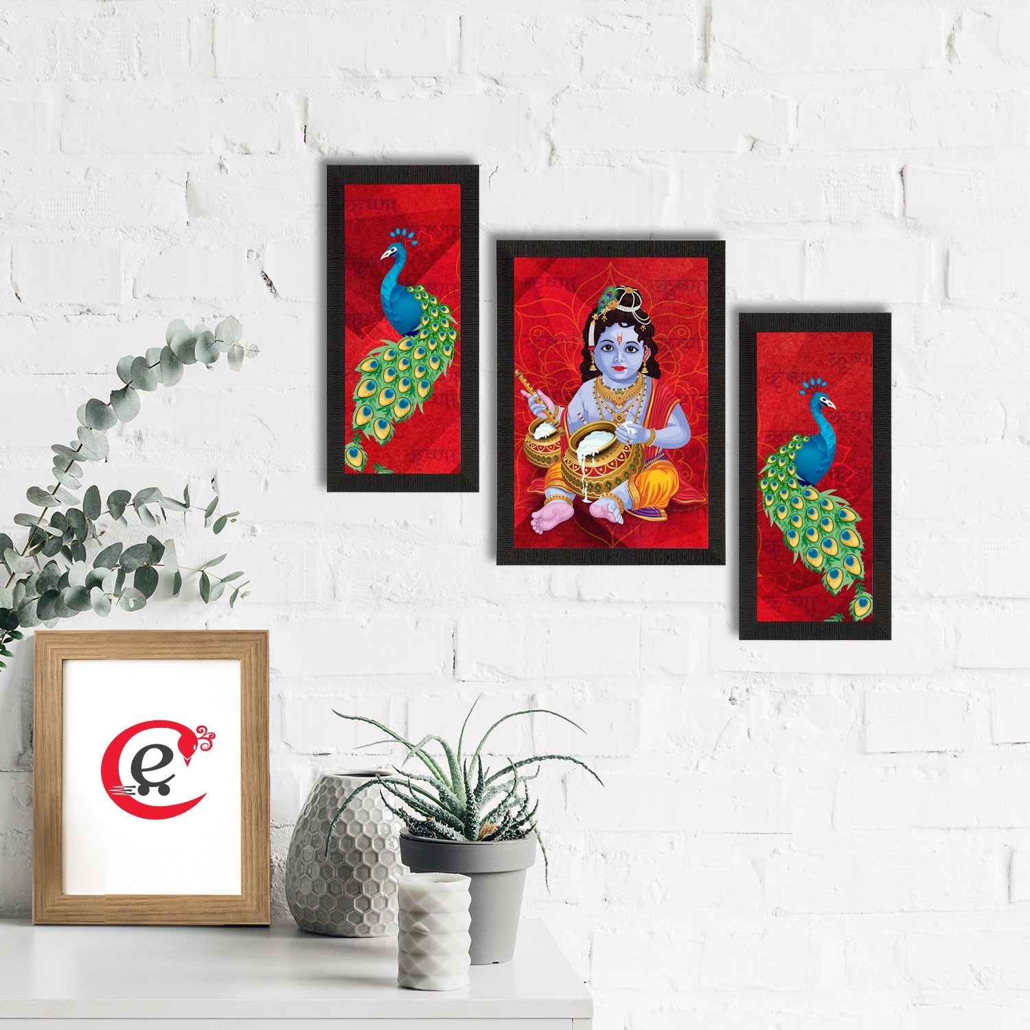 Set of 3 Lord Krishna Satin Matt Texture UV Art Painting Kafalo