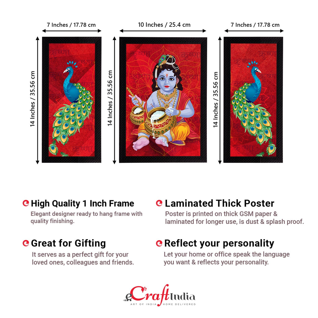 Set of 3 Lord Krishna Satin Matt Texture UV Art Painting Kafalo