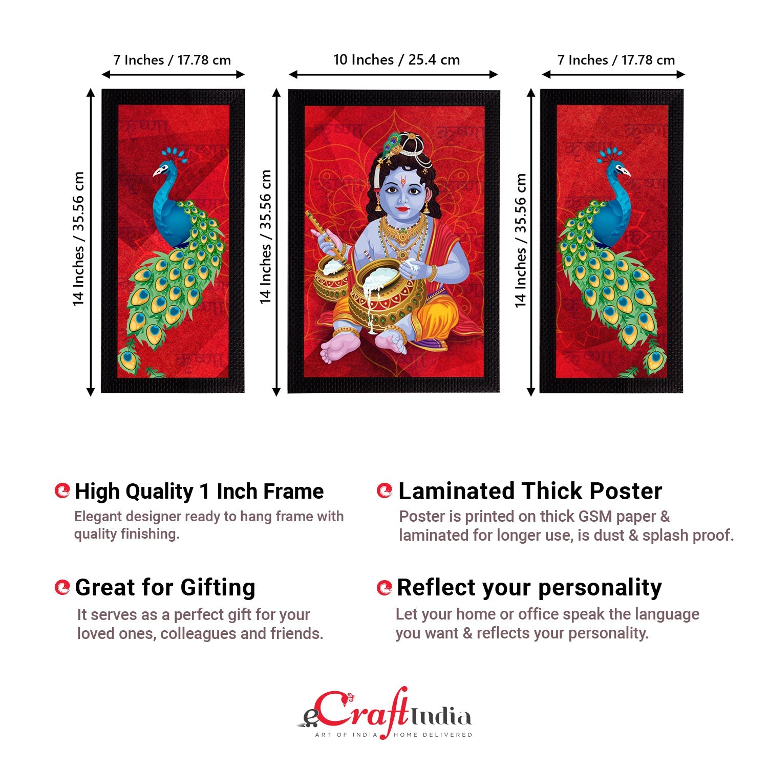 Set of 3 Lord Krishna Satin Matt Texture UV Art Painting Kafalo