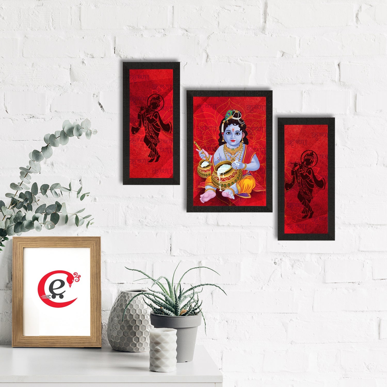 Set of 3 Lord Krishna Satin Matt Texture UV Art Painting Kafalo