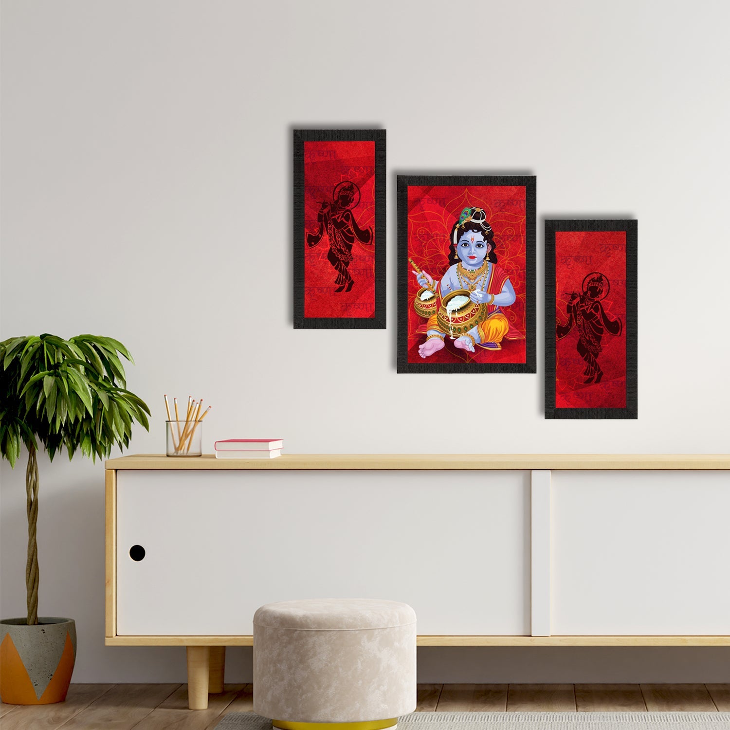 Set of 3 Lord Krishna Satin Matt Texture UV Art Painting Kafalo