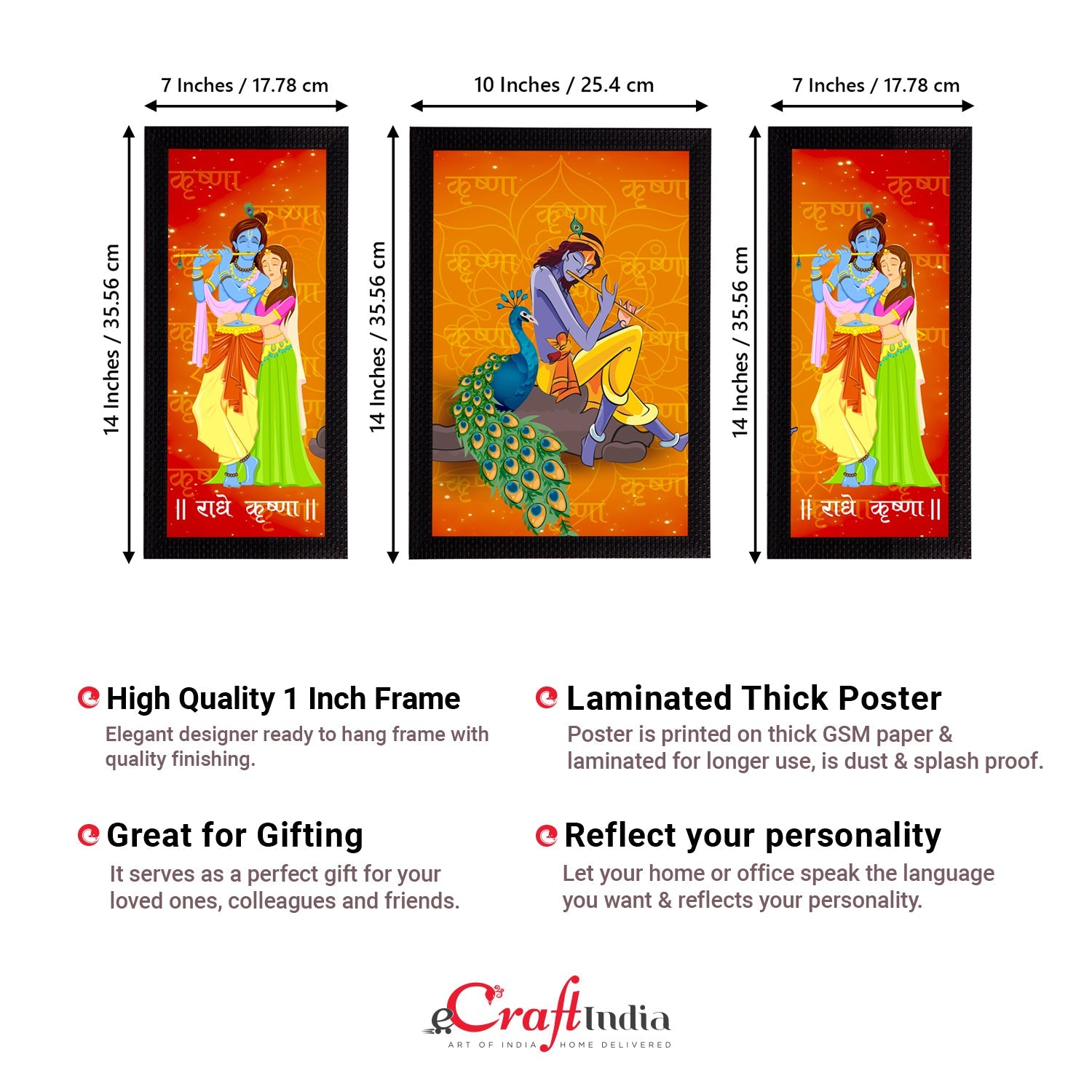Set of 3 Radha Krishna Satin Matt Texture UV Art Painting Kafalo
