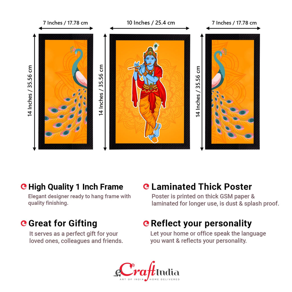 Set of 3 Lord Krishna Satin Matt Texture UV Art Painting Kafalo