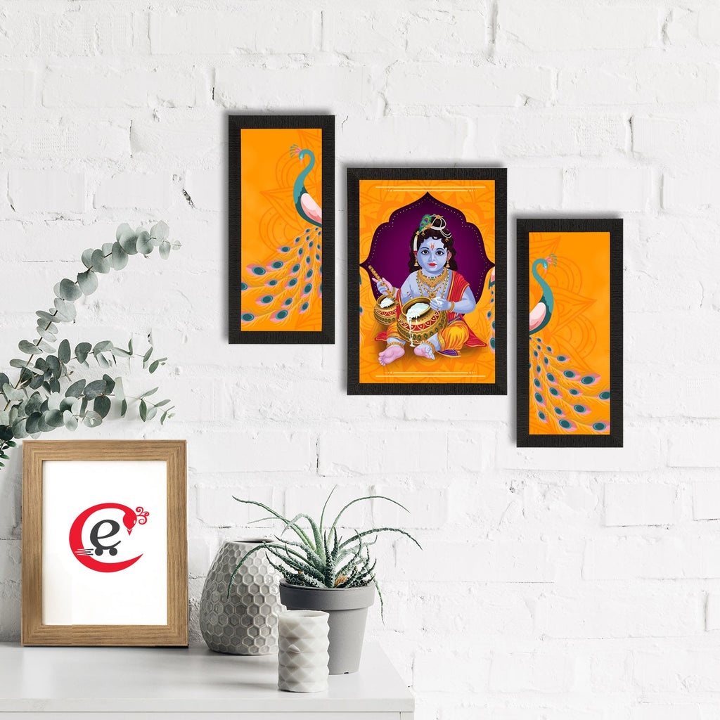 Set of 3 Lord Krishna Satin Matt Texture UV Art Painting Kafalo