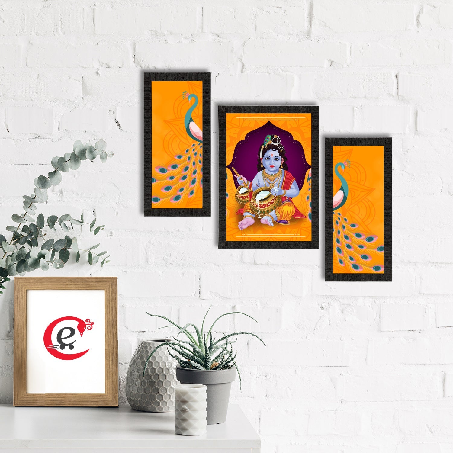 Set of 3 Lord Krishna Satin Matt Texture UV Art Painting Kafalo
