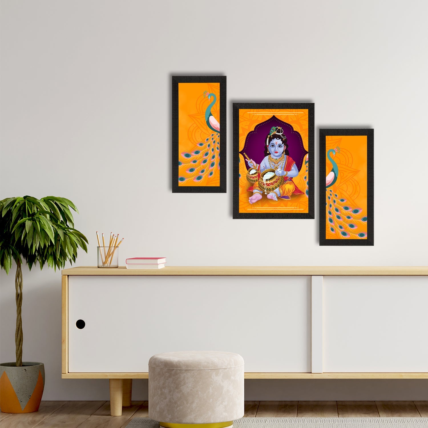 Set of 3 Lord Krishna Satin Matt Texture UV Art Painting Kafalo