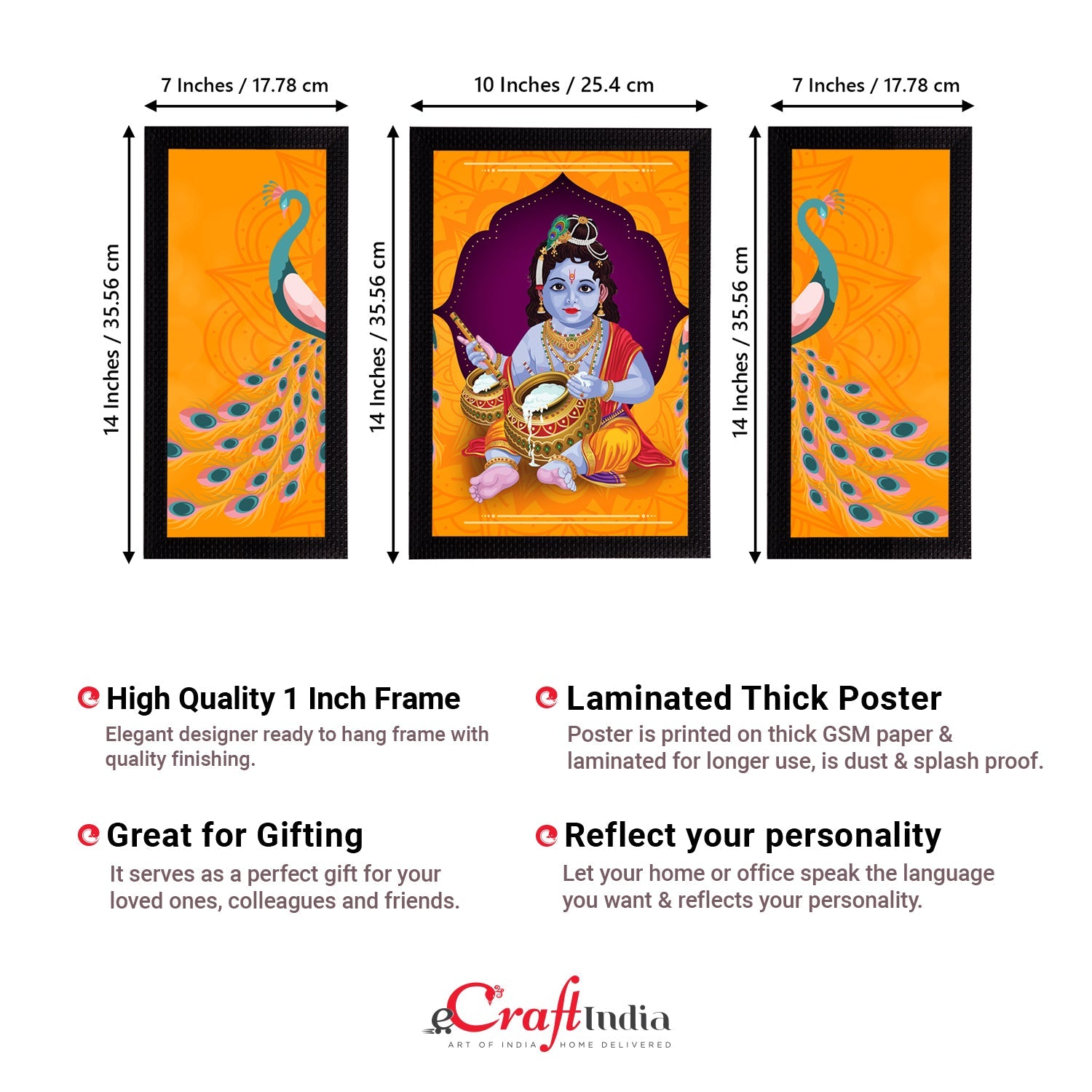 Set of 3 Lord Krishna Satin Matt Texture UV Art Painting Kafalo