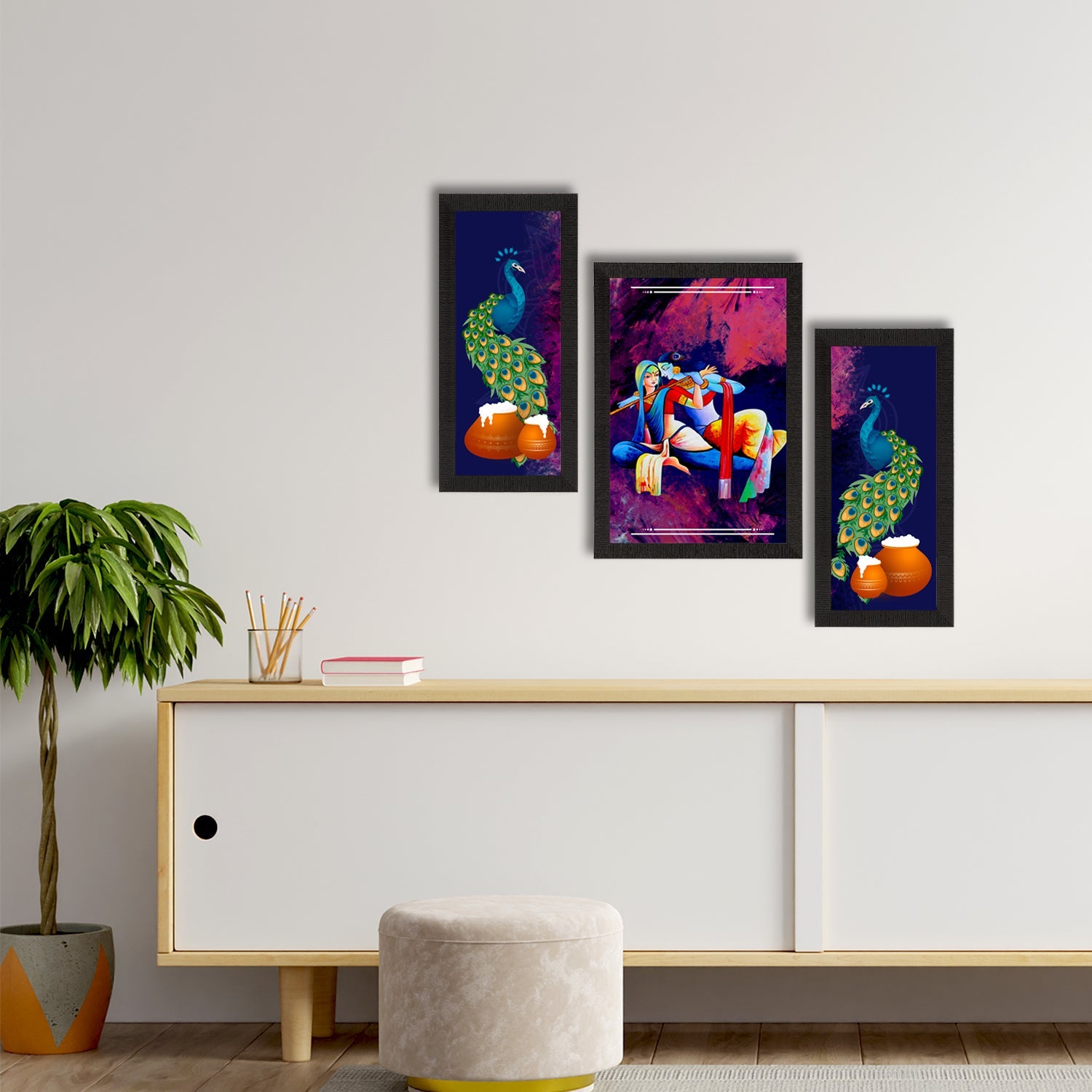 Set of 3 Lord Krishna Satin Matt Texture UV Art Painting Kafalo