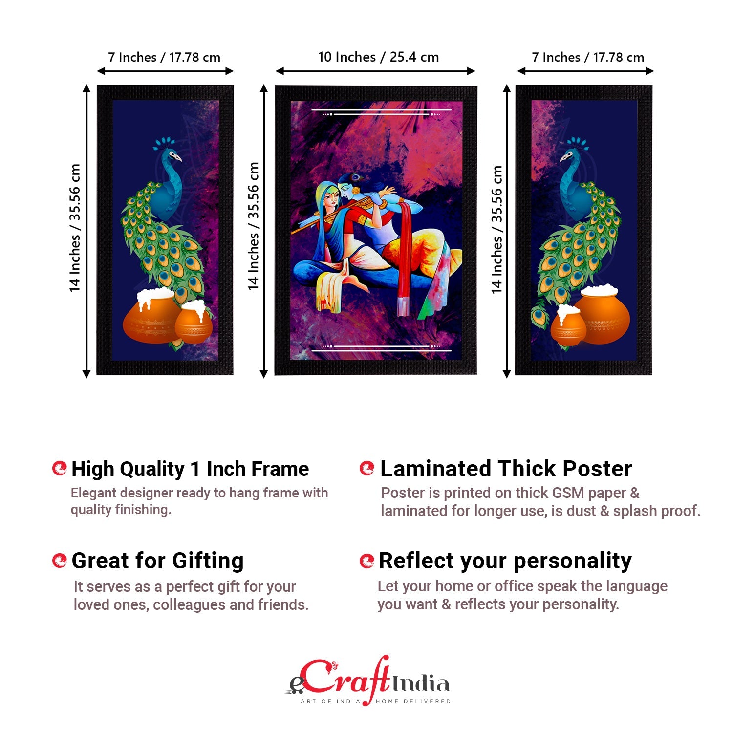 Set of 3 Lord Krishna Satin Matt Texture UV Art Painting Kafalo