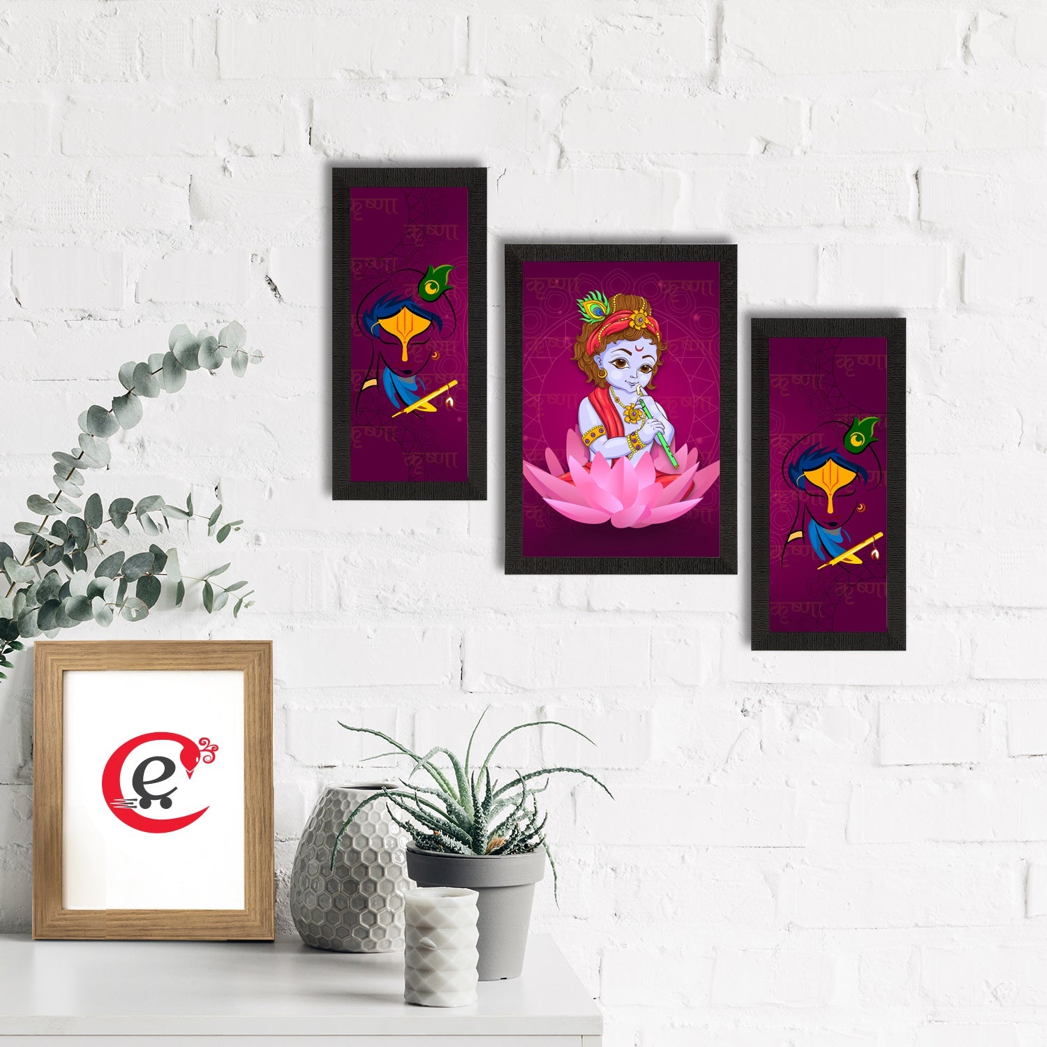 Set of 3 Lord Krishna Satin Matt Texture UV Art Painting Kafalo