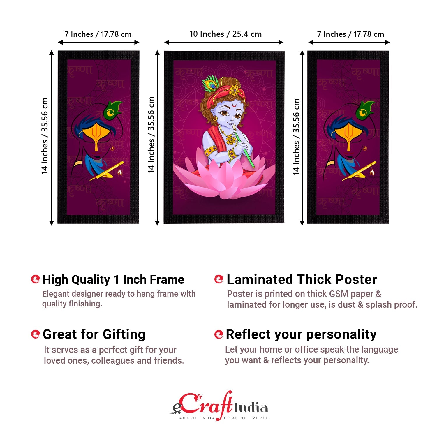 Set of 3 Lord Krishna Satin Matt Texture UV Art Painting Kafalo