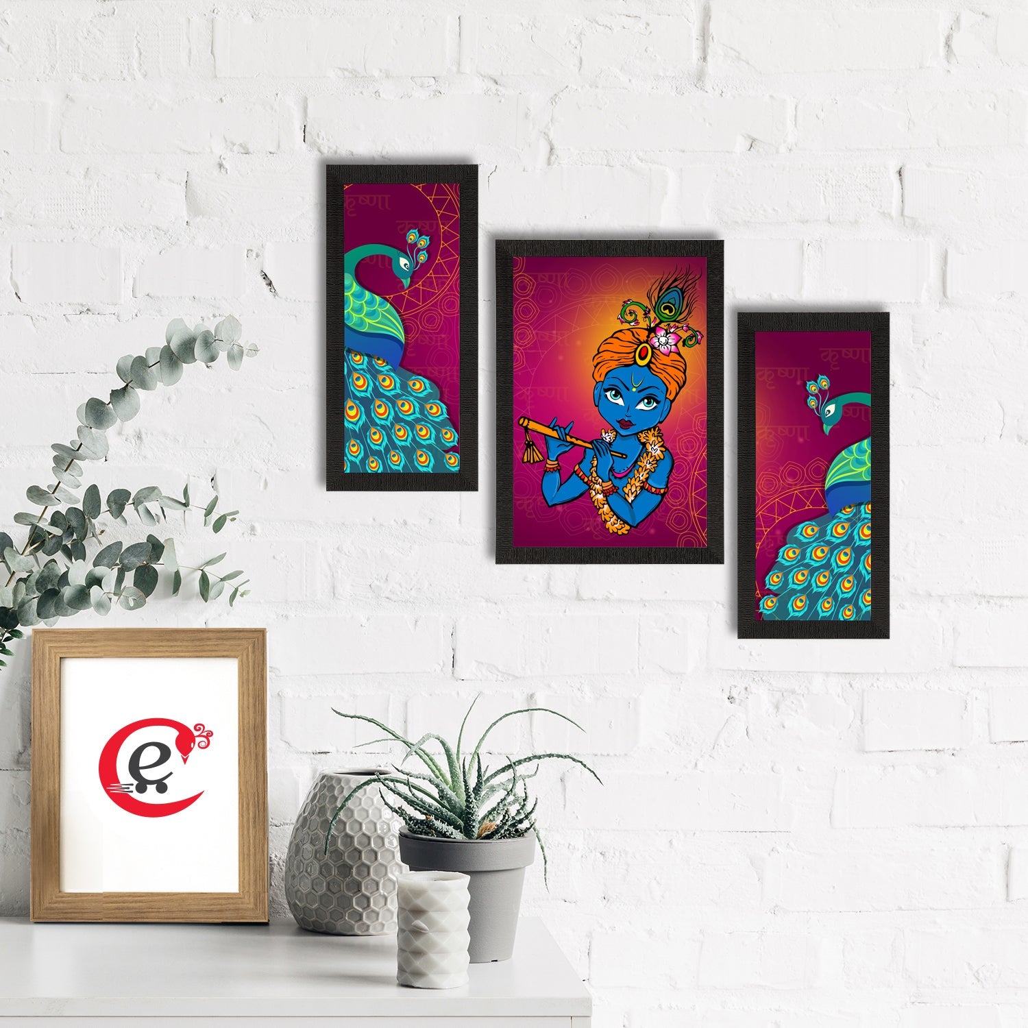 Set of 3 Lord Krishna Satin Matt Texture UV Art Painting Kafalo
