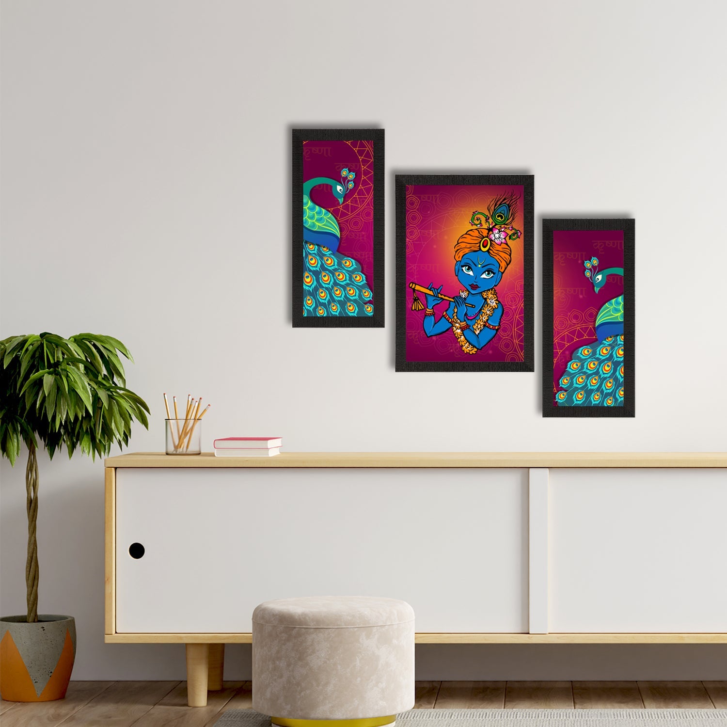 Set of 3 Lord Krishna Satin Matt Texture UV Art Painting Kafalo