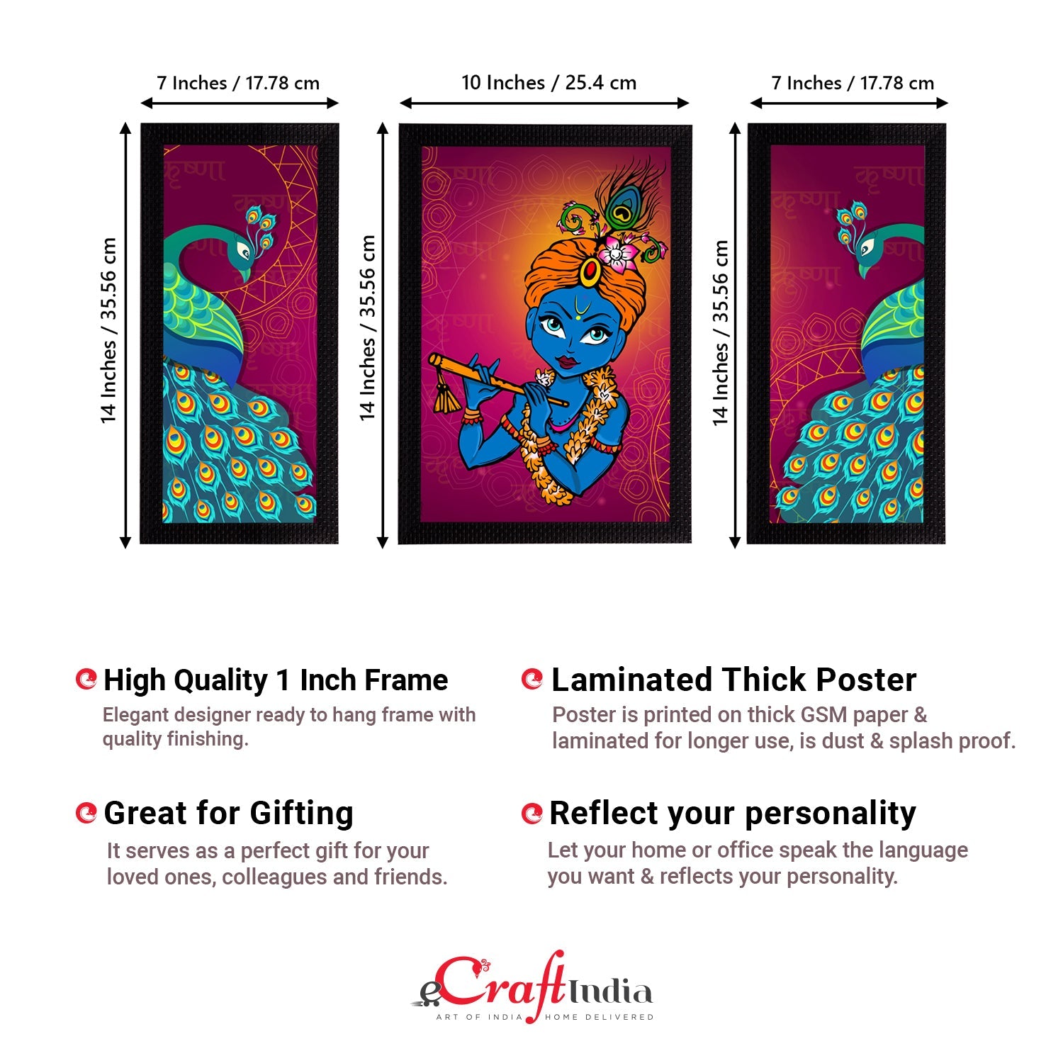 Set of 3 Lord Krishna Satin Matt Texture UV Art Painting Kafalo