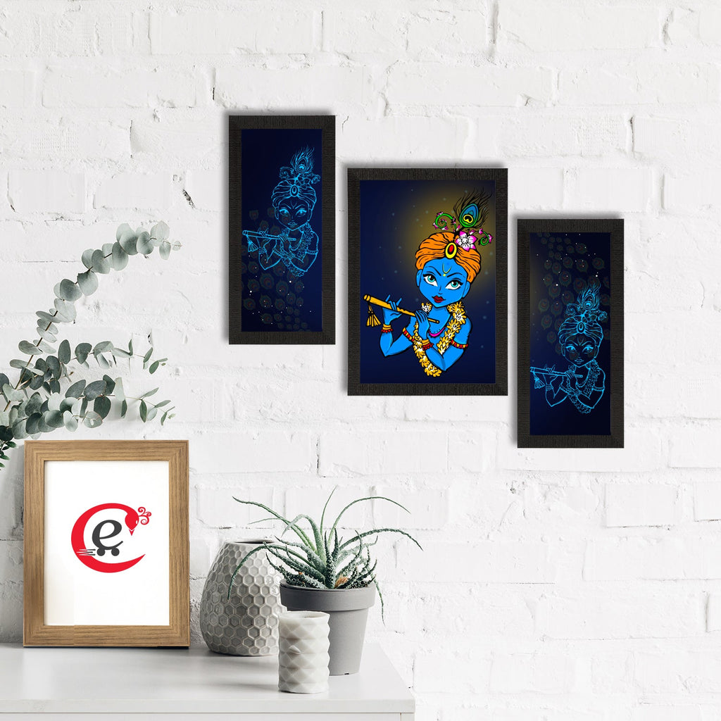 Set of 3 Lord Krishna Satin Matt Texture UV Art Painting Kafalo