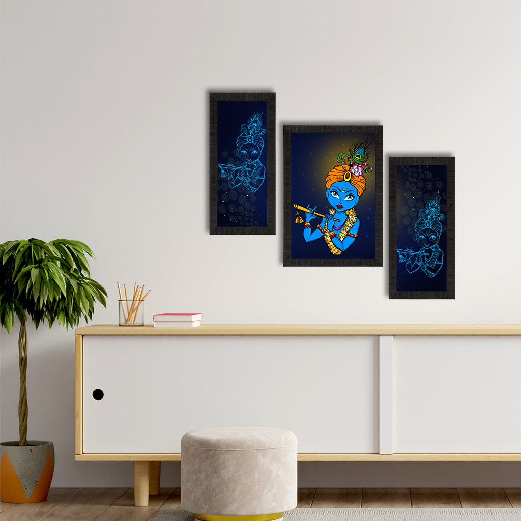 Set of 3 Lord Krishna Satin Matt Texture UV Art Painting Kafalo