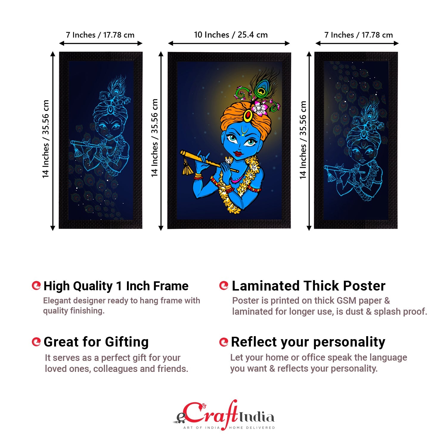 Set of 3 Lord Krishna Satin Matt Texture UV Art Painting Kafalo
