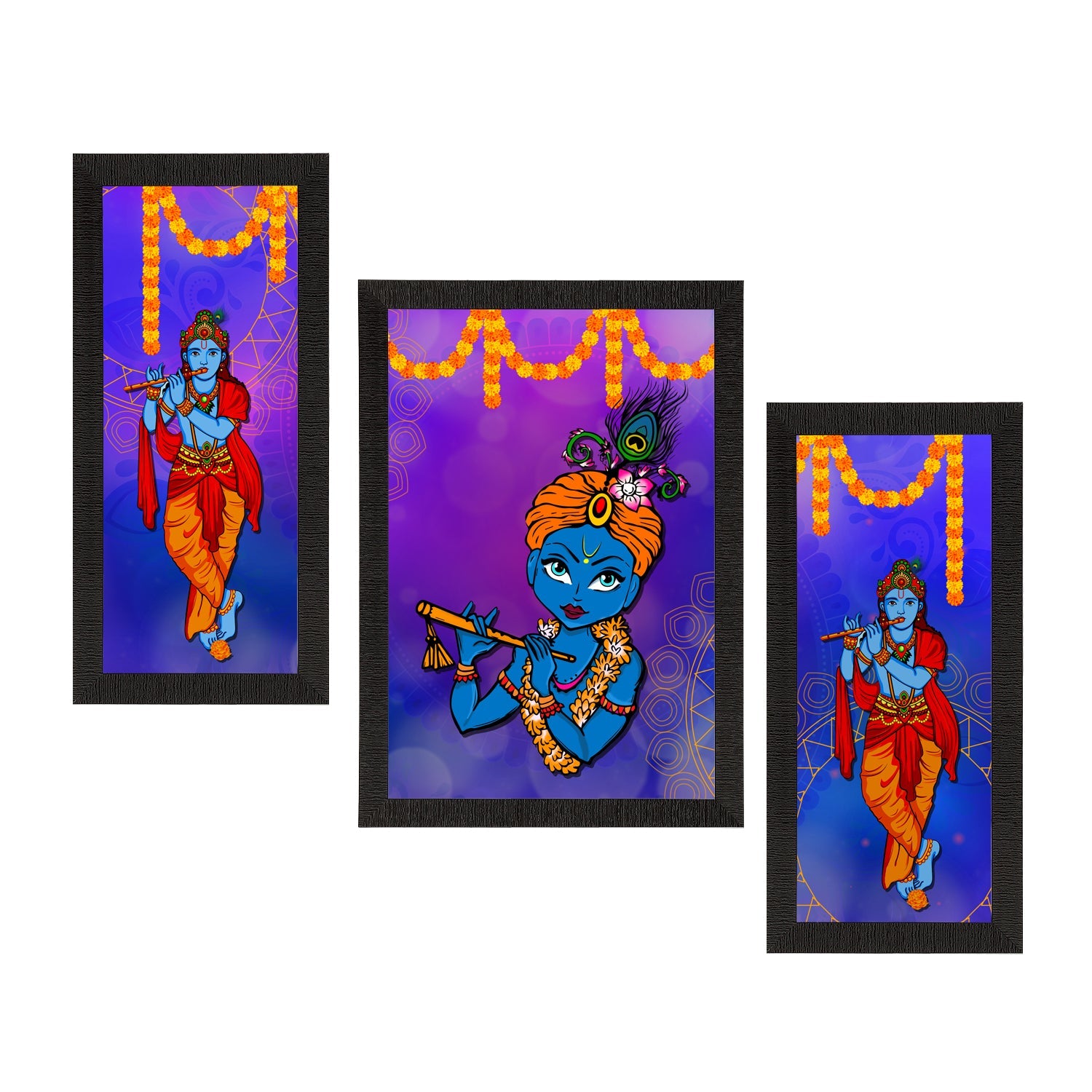 Set of 3 Lord Krishna Satin Matt Texture UV Art Painting Kafalo