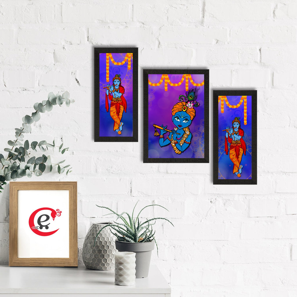 Set of 3 Lord Krishna Satin Matt Texture UV Art Painting Kafalo