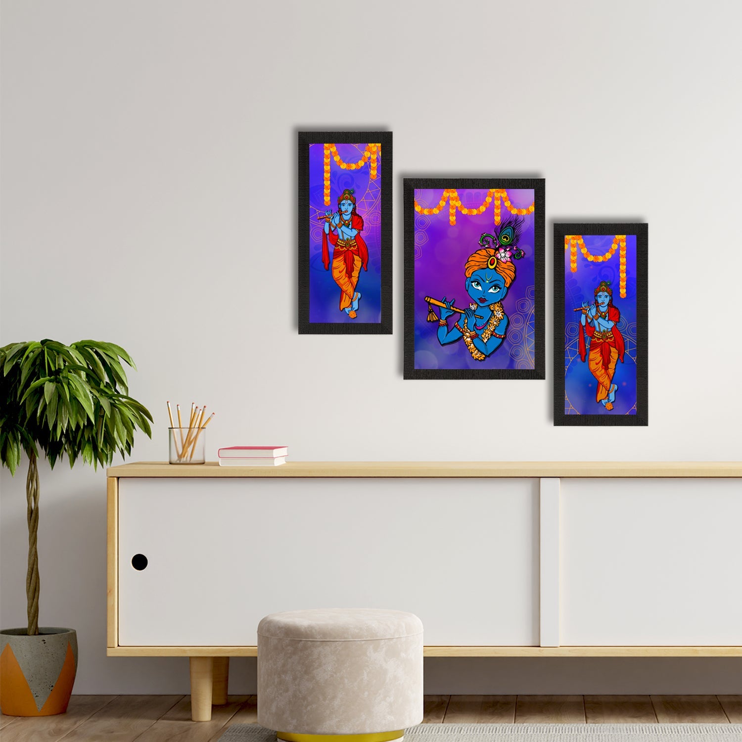 Set of 3 Lord Krishna Satin Matt Texture UV Art Painting Kafalo